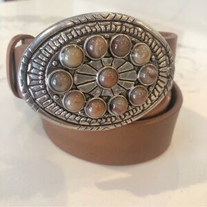 Sonoma Women’s Brown Leather Belt M Silver Oval Buckle Cabochon Stones Cowgirl